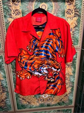 JNCO Red Short-Sleeve Button-Down Tiger Shirt Y2K